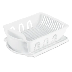 Sterilite 0621 2 piece white plastic small sink set featuring a compact dish rack and slanted drainboard