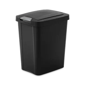 Sterilite 1043 7.5 gallon black touchtop plastic wastebasket trash can with titanium latch showing closed lid