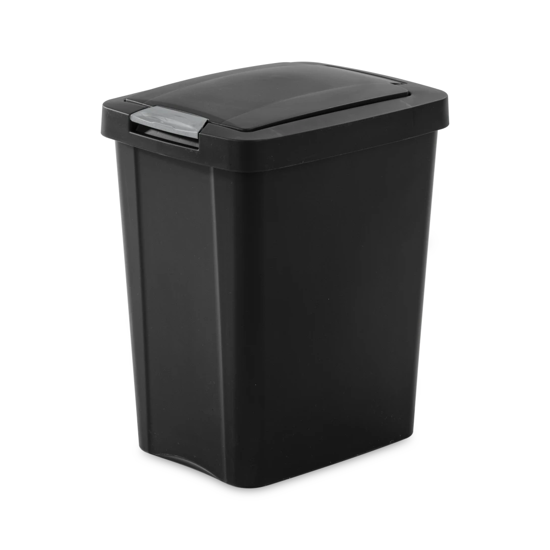 Sterilite 1043 7.5 gallon black touchtop plastic wastebasket trash can with titanium latch showing closed lid