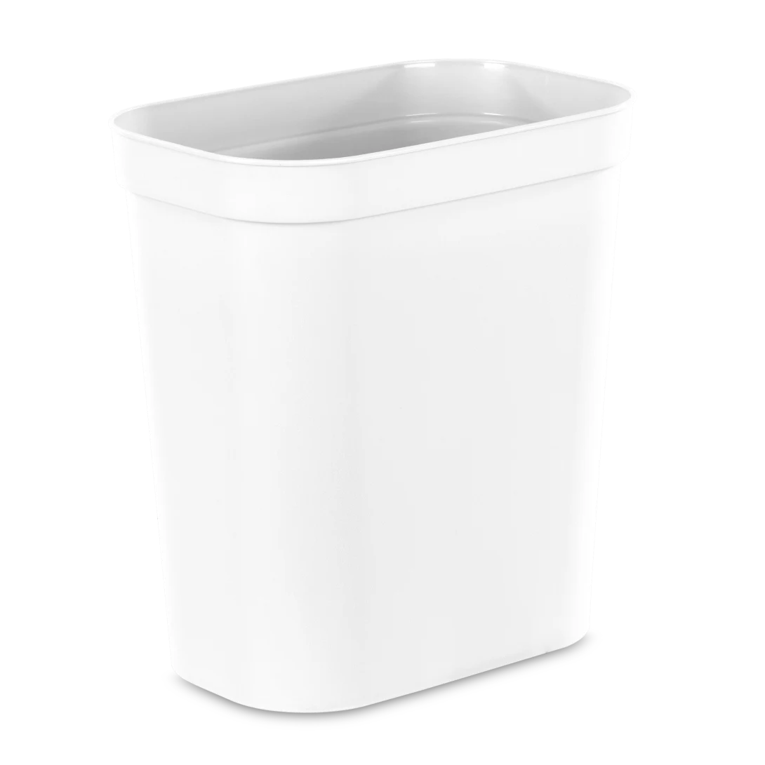Sterilite 1041 2.5 gallon white vanity plastic wastebasket trash can showing rounded corners and top rim