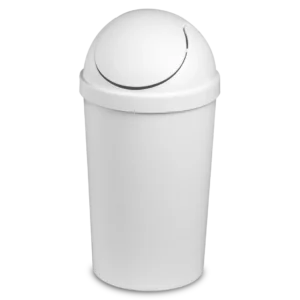 Sterilite 1083 3 gallon white round swingtop plastic bathroom wastebasket trash can showing center balanced dome swing lid