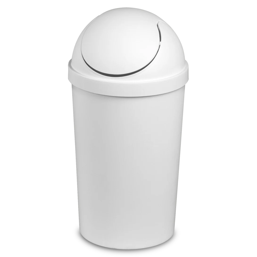 Sterilite 1083 3 gallon white round swingtop plastic bathroom wastebasket trash can showing center balanced dome swing lid