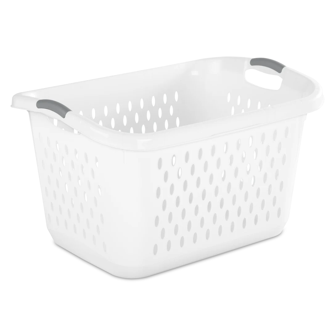 Sterilite 1203 2.7 bushel white plastic ultra laundry basket showing titanium handle inserts and airflow ventilation pattern