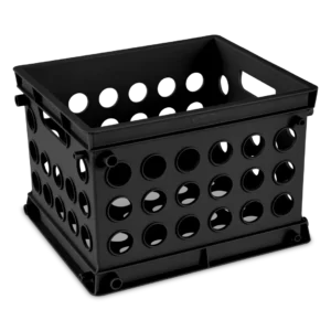 Sterilite 1695 mini plastic storage crate in solid black featuring open grid pattern walls and stackable base feet