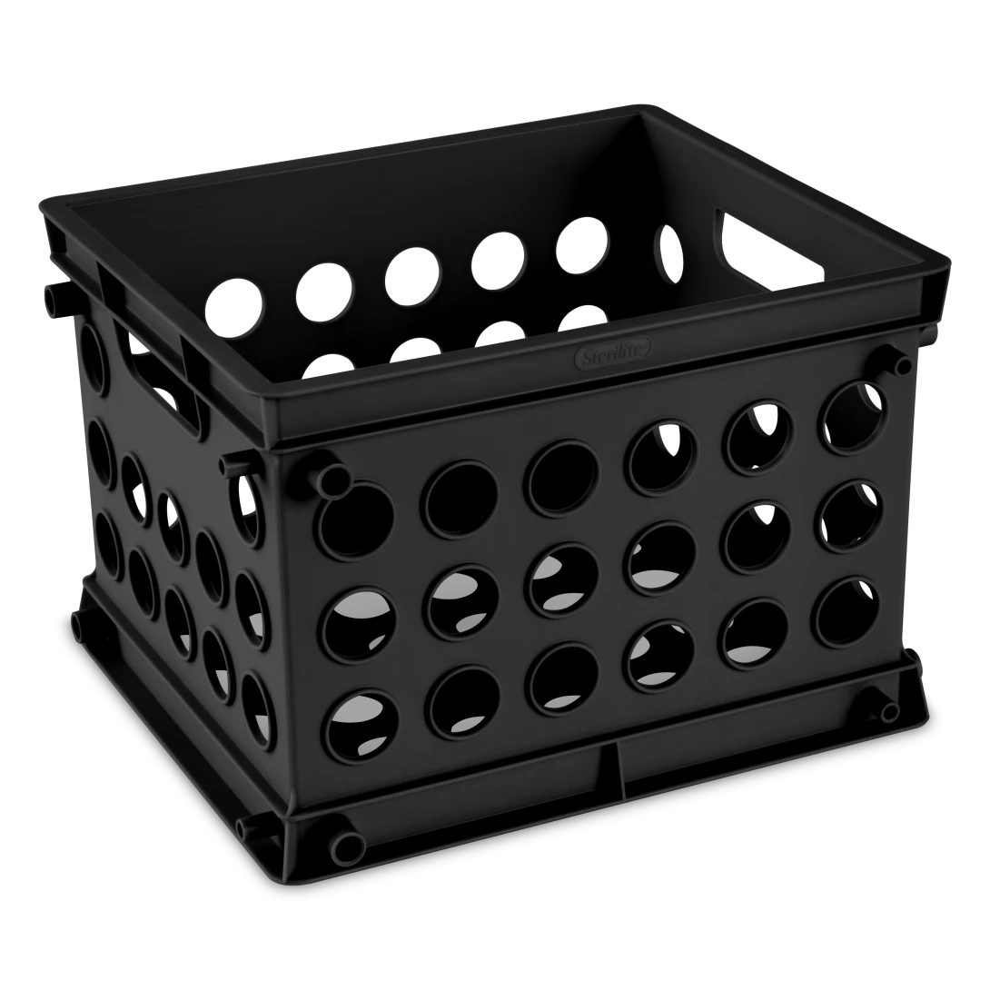 Sterilite 1695 mini plastic storage crate in solid black featuring open grid pattern walls and stackable base feet