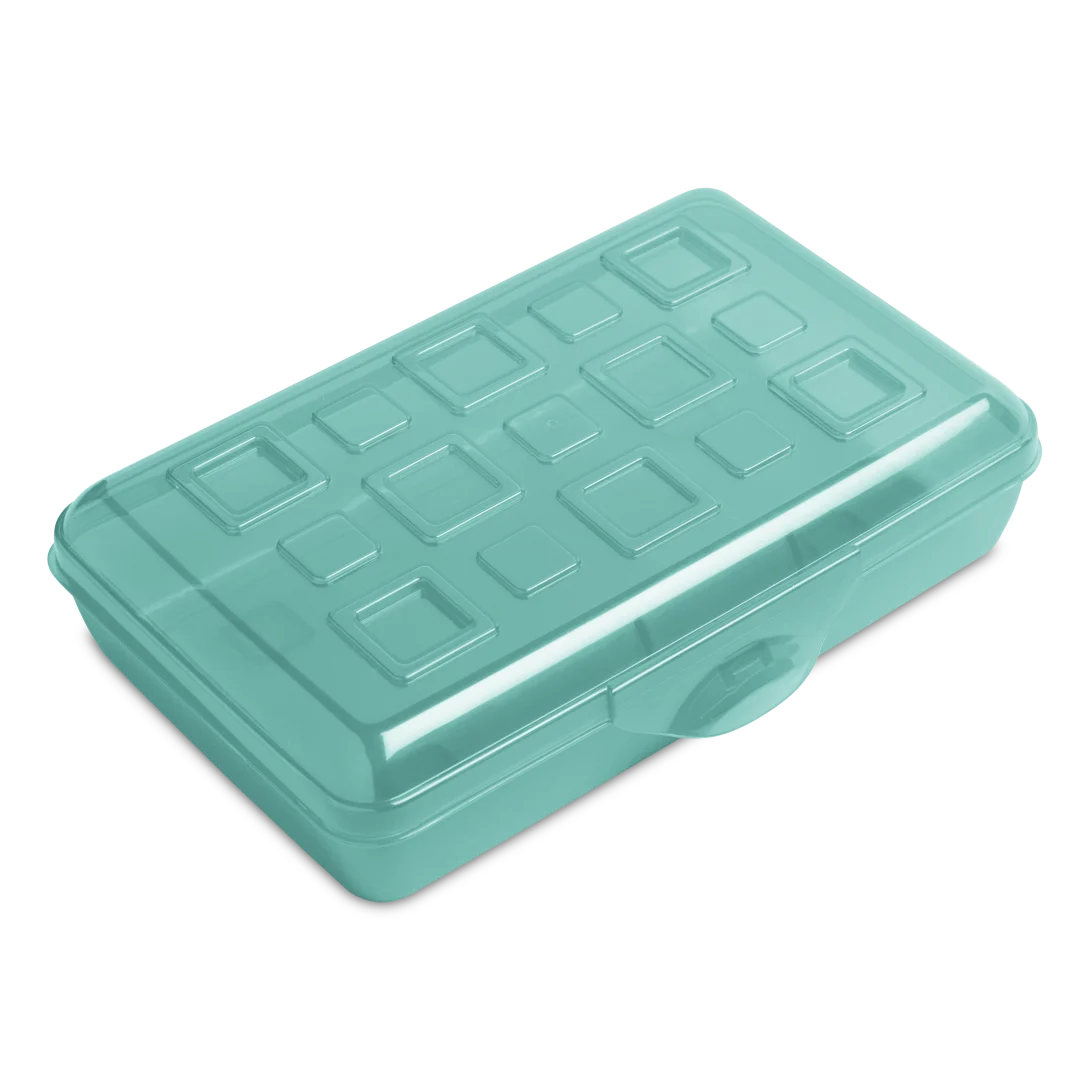 Sterilite 1722 small translucent molokai blue tint plastic pencil box featuring snap latch hinged lid