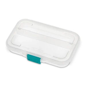 Sterilite 1724 small clear divided storage box featuring sea going teal latch and interior section dividers
