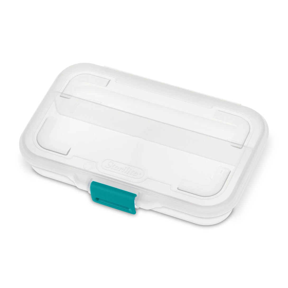 Sterilite 1724 small clear divided storage box featuring sea going teal latch and interior section dividers