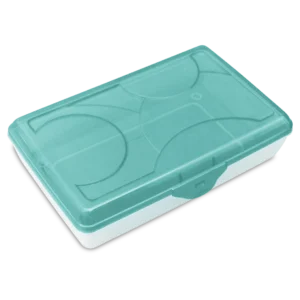 Sterilite 1729 clear plastic utility supply box featuring translucent molokai blue tint hinged lid and snap-tight latch