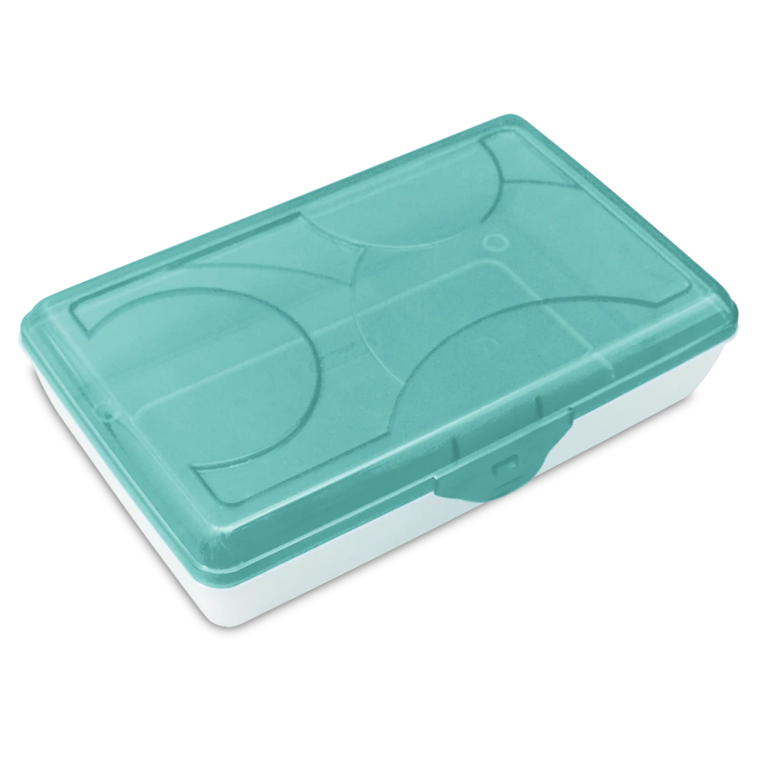 Sterilite 1729 clear plastic utility supply box featuring translucent molokai blue tint hinged lid and snap-tight latch