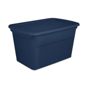 Sterilite 1736 30 gallon plastic storage tote in marine blue with matching snap-on lid
