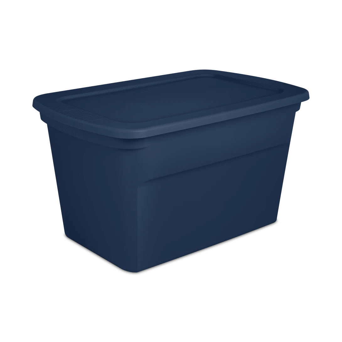 Sterilite 1736 30 gallon plastic storage tote in marine blue with matching snap-on lid