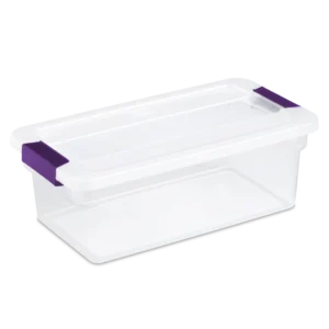 Sterilite 1751 6 quart ClearView plastic storage box with transparent lid and base featuring sweet plum purple ergonomic latches