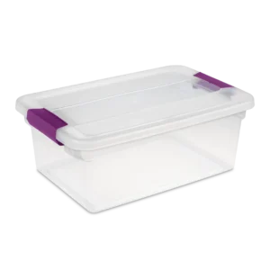 Sterilite 1753 15 quart ClearView plastic storage box with transparent lid and base featuring sweet plum purple ergonomic latches
