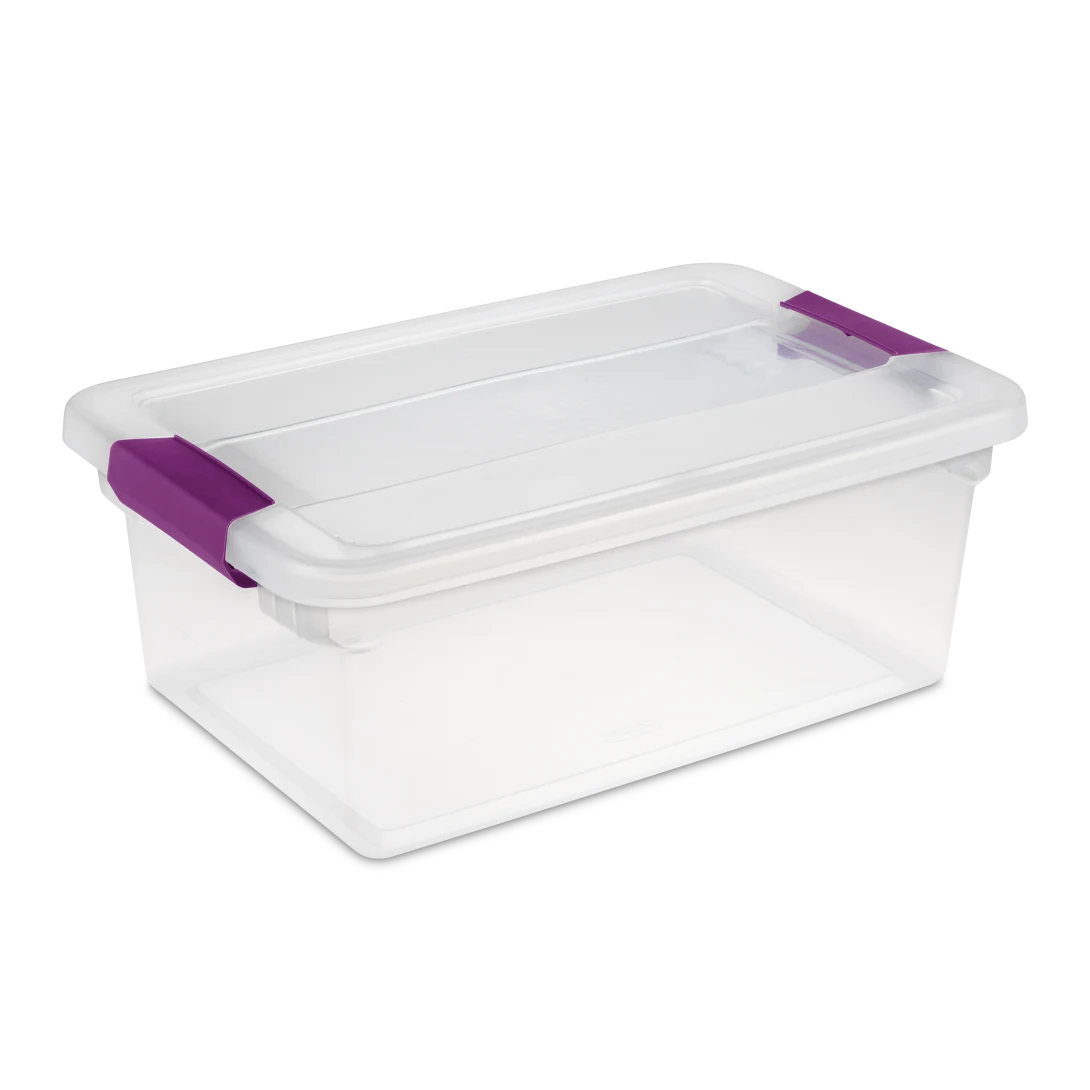 Sterilite 1753 15 quart ClearView plastic storage box with transparent lid and base featuring sweet plum purple ergonomic latches