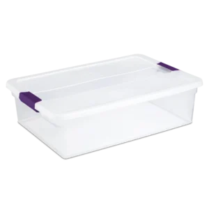 Sterilite 1755 32 quart ClearView plastic storage box with transparent lid and base featuring sweet plum purple ergonomic latches