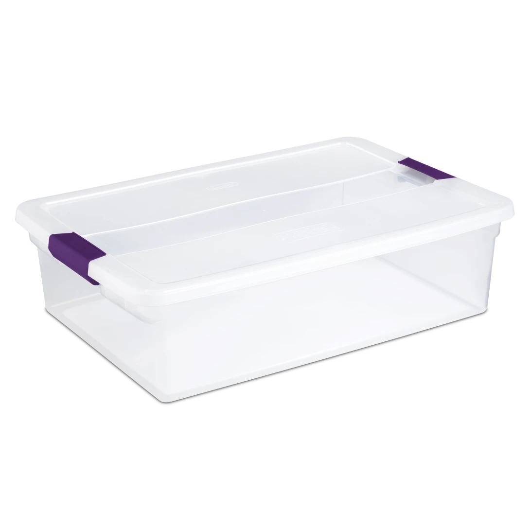 Sterilite 1755 32 quart ClearView plastic storage box with transparent lid and base featuring sweet plum purple ergonomic latches