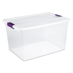 Sterilite 1757 66 quart ClearView plastic storage box with transparent lid and base featuring sweet plum purple ergonomic latches