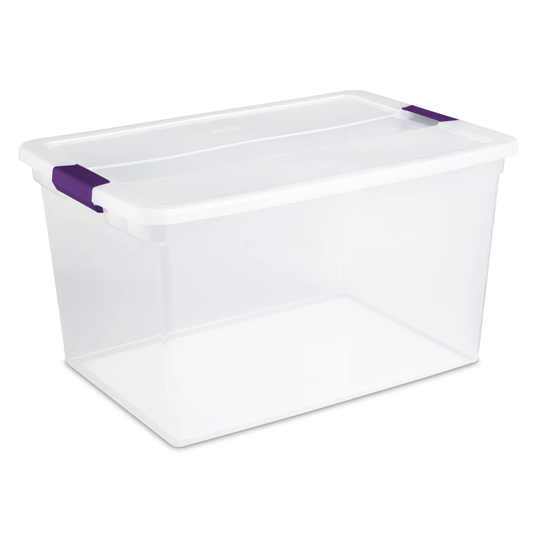 Sterilite 1757 66 quart ClearView plastic storage box with transparent lid and base featuring sweet plum purple ergonomic latches
