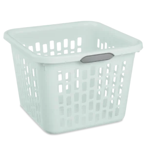 Sterilite 1204 1.5 bushel mindful mint plastic ultra laundry basket showing titanium handle inserts and airflow ventilation pattern