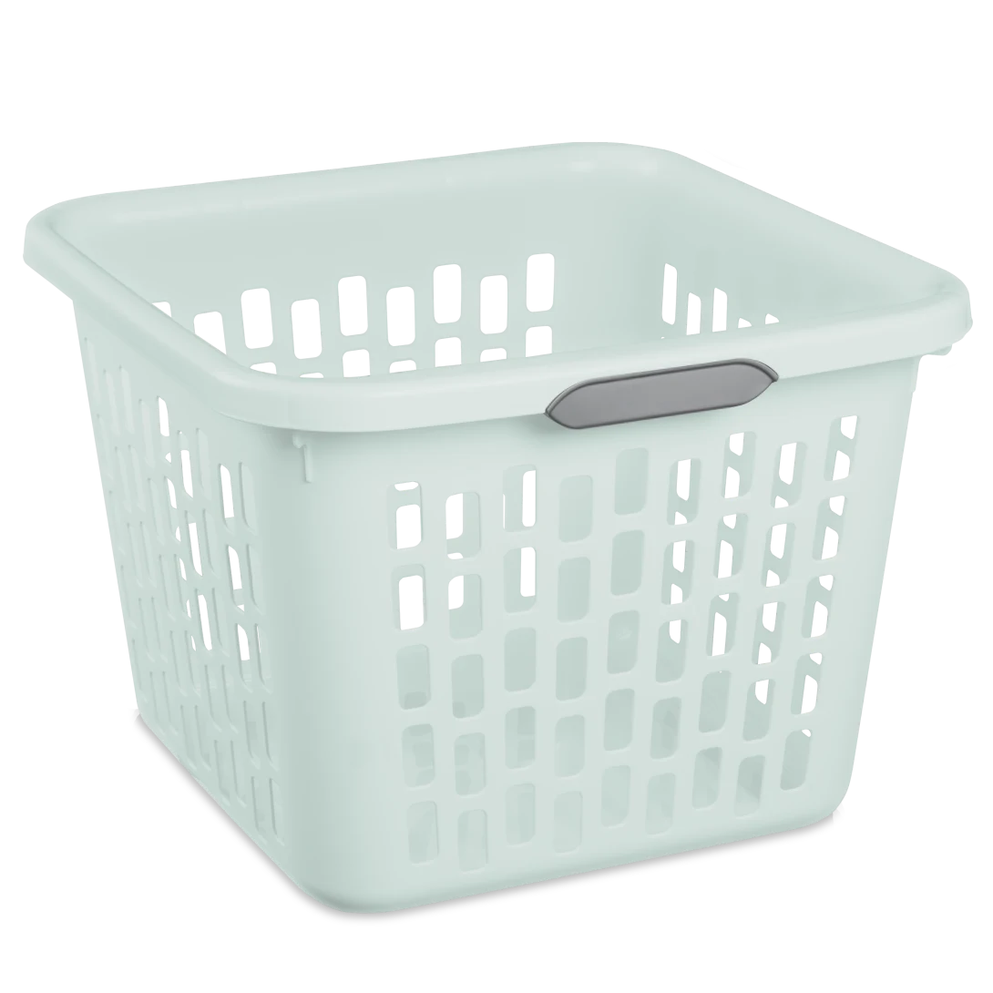 Sterilite 1204 1.5 bushel mindful mint plastic ultra laundry basket showing titanium handle inserts and airflow ventilation pattern