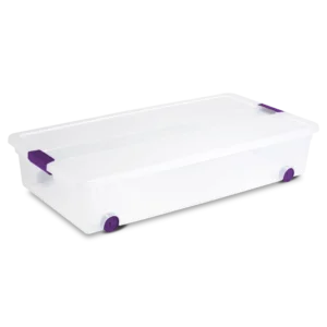 Sterilite 1761 60 quart ClearView plastic underbed storage box with transparent lid and base featuring sweet plum purple latches and smooth rolling wheels