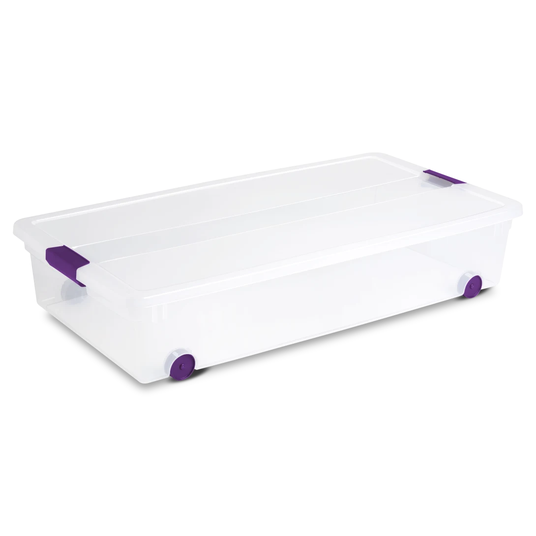 Sterilite 1761 60 quart ClearView plastic underbed storage box with transparent lid and base featuring sweet plum purple latches and smooth rolling wheels