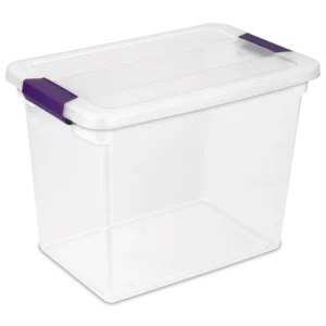 Sterilite 1763 27 quart ClearView plastic storage box with transparent lid and base featuring sweet plum purple ergonomic latches