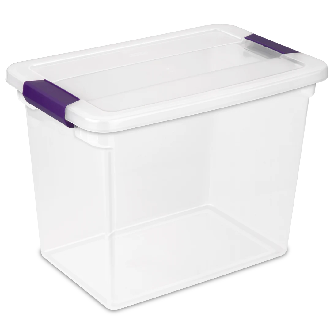 Sterilite 1763 27 quart ClearView plastic storage box with transparent lid and base featuring sweet plum purple ergonomic latches
