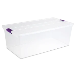 Sterilite 1764 110 quart ClearView extra large plastic storage box with transparent lid and base featuring sweet plum purple ergonomic latches