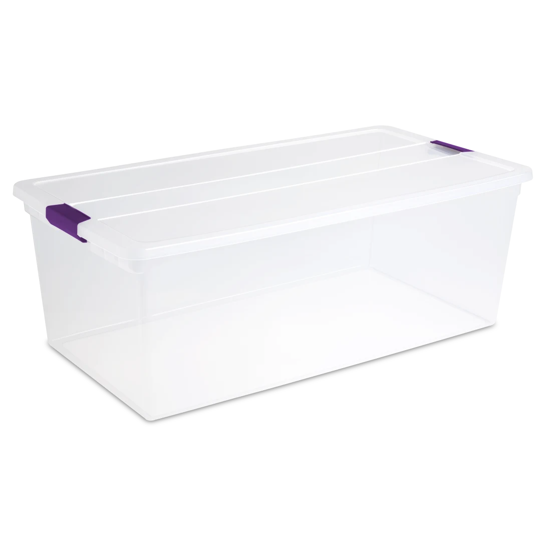 Sterilite 1764 110 quart ClearView extra large plastic storage box with transparent lid and base featuring sweet plum purple ergonomic latches
