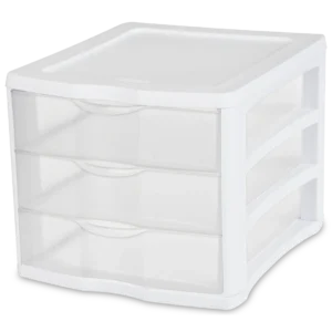 Sterilite 1791 compact 3 drawer desktop unit featuring white plastic frame and three clear see-through drawers