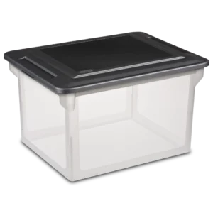 Sterilite 1868 portable plastic file box with clear base, black snap-tight latching lid, and integrated carrying handle