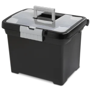 Sterilite 1871 portable plastic file box in black featuring a clear lid-top accessory compartment and titanium latch