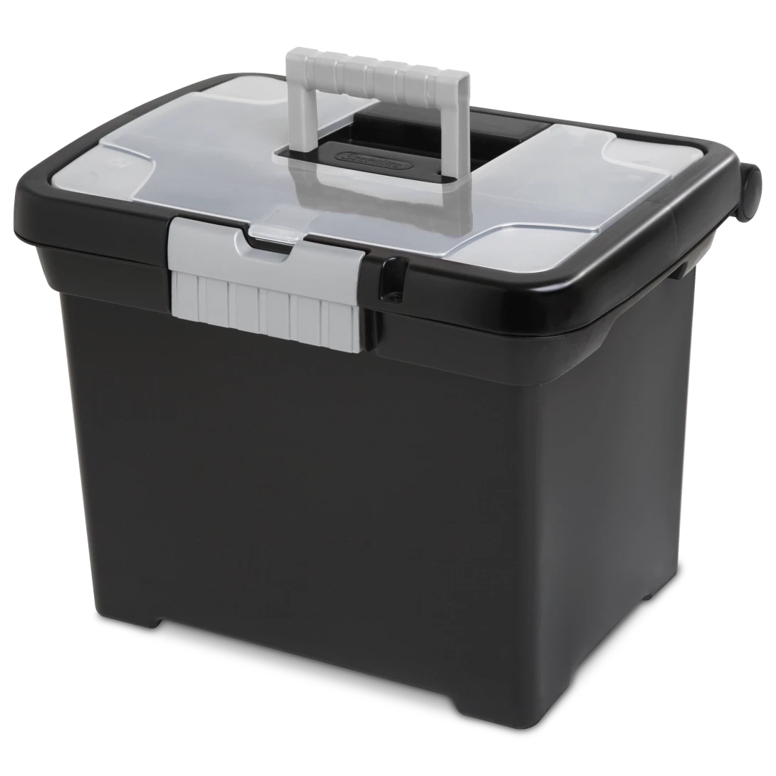 Sterilite 1871 portable plastic file box in black featuring a clear lid-top accessory compartment and titanium latch