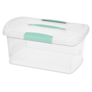 Sterilite 1874 Medium Nesting ShowOffs clear plastic storage box with transparent lid, base, and aqua chrome purple-blue latches and handle