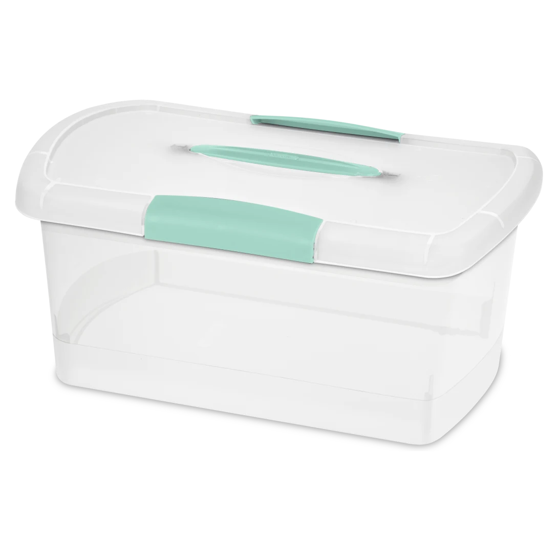 Sterilite 1874 Medium Nesting ShowOffs clear plastic storage box with transparent lid, base, and aqua chrome purple-blue latches and handle