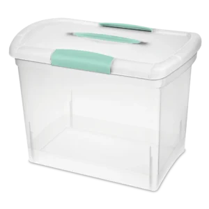 Sterilite 1876 Large Nesting ShowOffs clear plastic storage box with transparent lid, base, and aqua chrome latches and handle