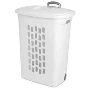 Sterilite 1222 Ultra wheeled plastic laundry hamper in white showing titanium retractable handle, rear wheels, and flip top lid