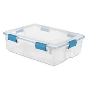 Sterilite 1931 37 quart ClearView plastic gasket storage box with transparent lid and base featuring blue aquarium latches and rubberized seal