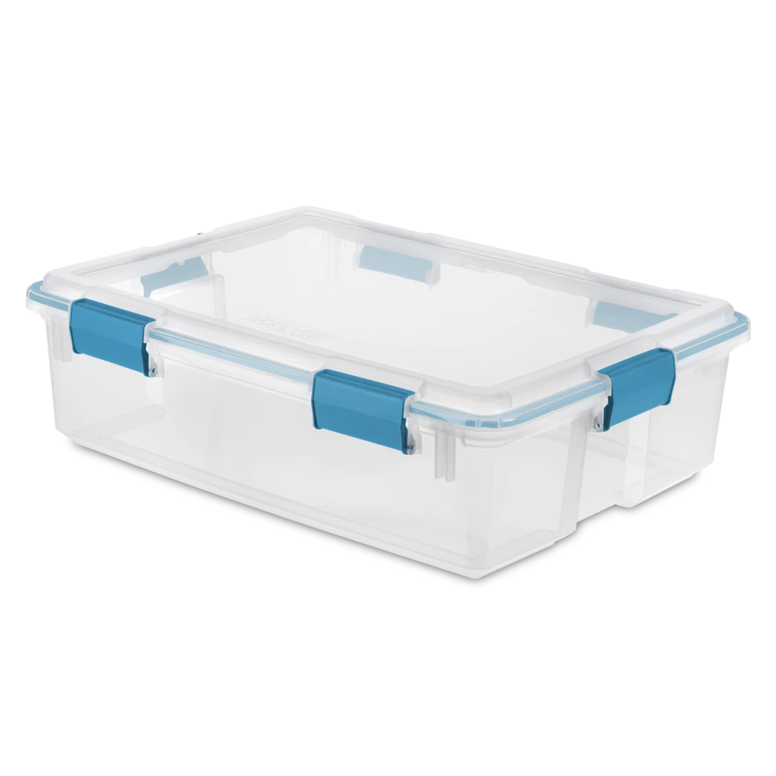 Sterilite 1931 37 quart ClearView plastic gasket storage box with transparent lid and base featuring blue aquarium latches and rubberized seal