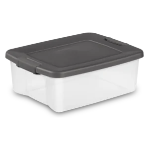 Sterilite 1936 25 quart ShelfTotes plastic storage box with clear base, flat gray lid, and heavy-duty side latches