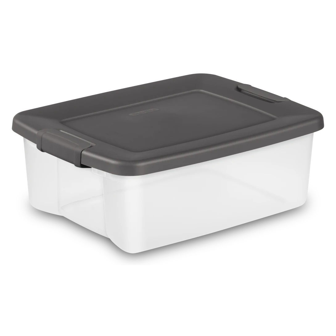 Sterilite 1936 25 quart ShelfTotes plastic storage box with clear base, flat gray lid, and heavy-duty side latches