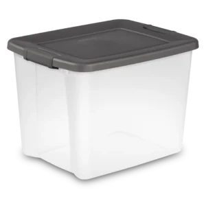 Sterilite 1937 50 quart ShelfTotes plastic storage box with clear base, flat gray lid, and heavy-duty side latches