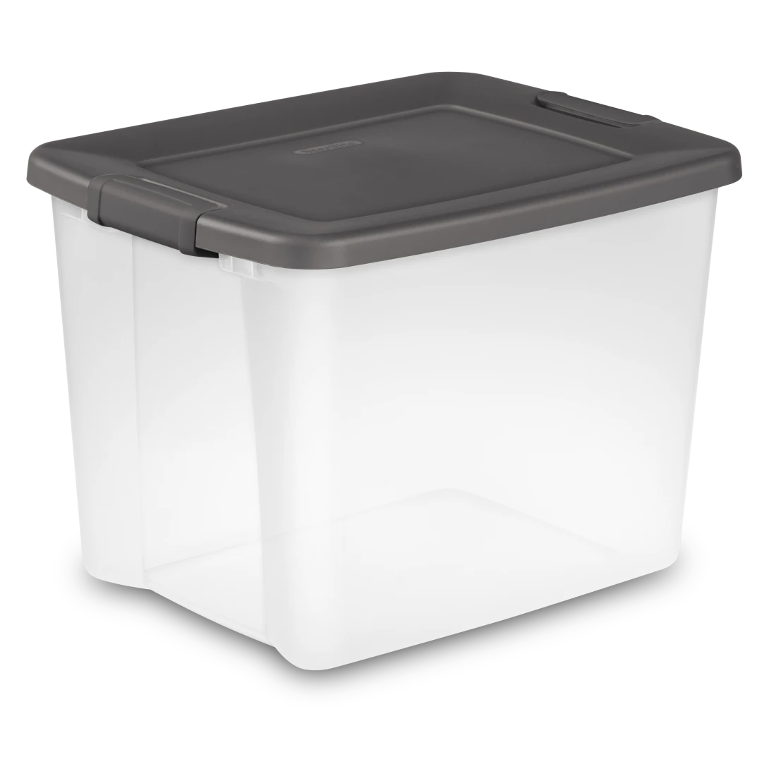 Sterilite 1937 50 quart ShelfTotes plastic storage box with clear base, flat gray lid, and heavy-duty side latches