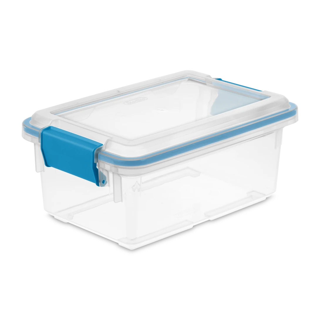 Sterilite 1941 7.5 quart ClearView plastic gasket storage box with transparent lid and base featuring blue aquarium latches and rubberized seal