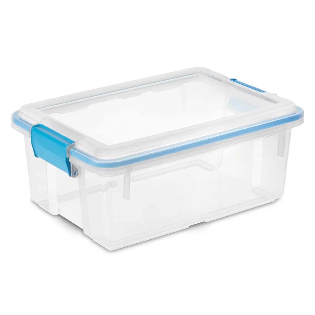 Sterilite 1942 12 quart ClearView plastic gasket storage box with transparent lid and base featuring blue aquarium latches and rubberized seal