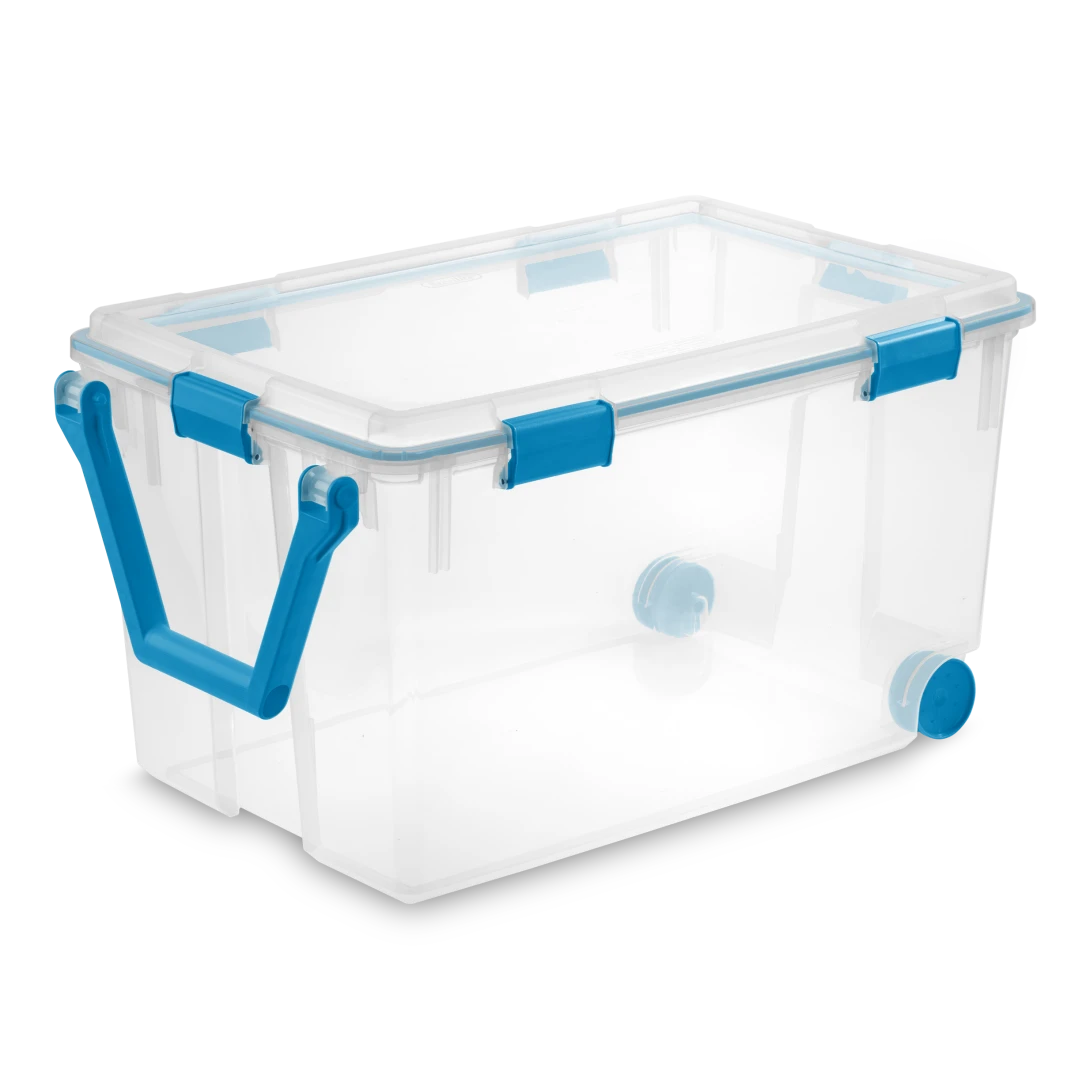 Sterilite 1943 120 quart ClearView plastic wheeled gasket storage box with transparent lid and base featuring blue aquarium latches, handle, and wheels