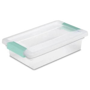 Sterilite 1961 small clear plastic clip storage box with transparent lid and base featuring aqua chrome side latches
