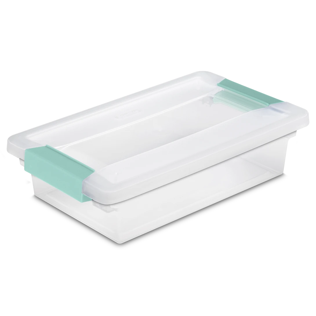 Sterilite 1961 small clear plastic clip storage box with transparent lid and base featuring aqua chrome side latches